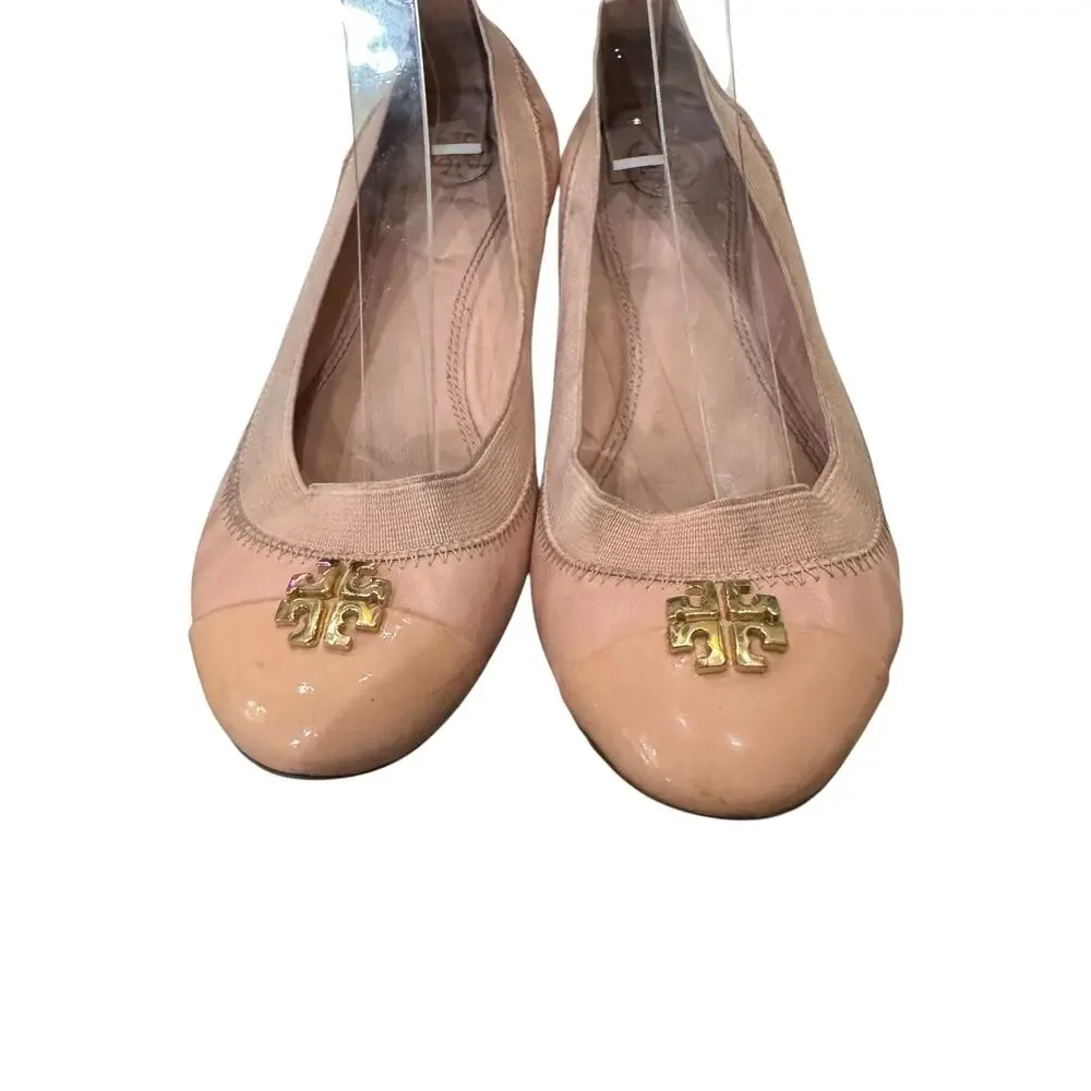 Tory Burch Jolie Pink Leather Patent Cap Toe Logo Ballet Flats 6.5M